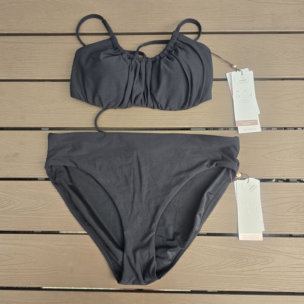CALIA Women's Solid Black Scrunched Tie Top & Mid Rise Black Bikini Sz S New